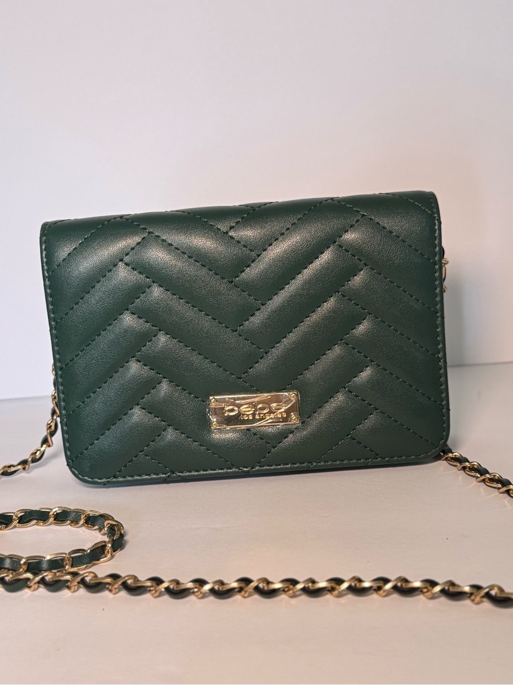 Bebe Dark Green Crossbody Bag with Gold Chain